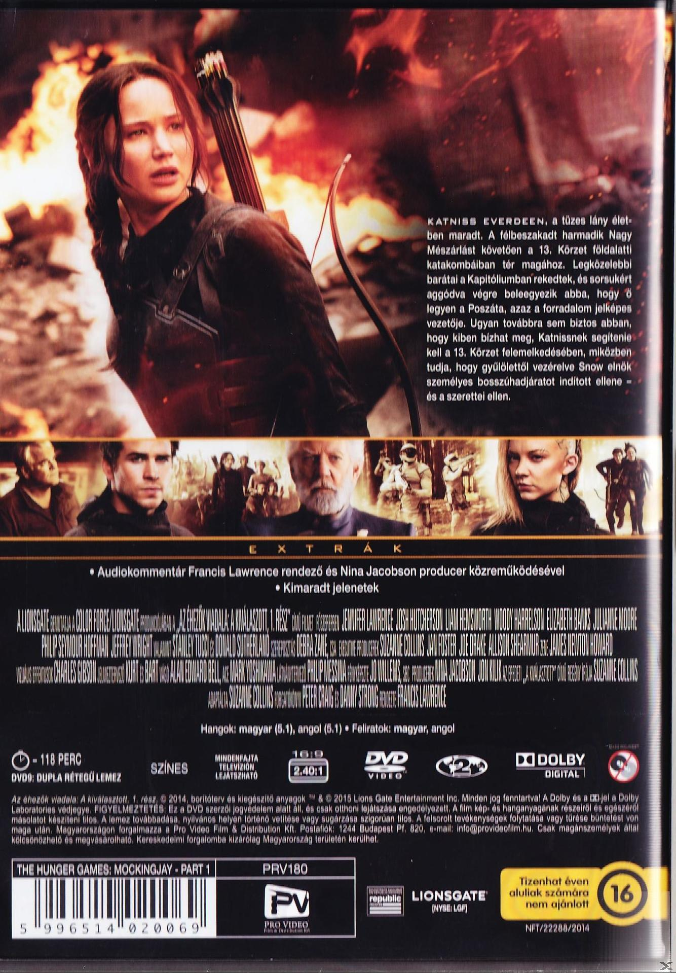 Az Éhezők Viadala: A kiválasztott - 1. rész DVD hátlapja, Jennifer Lawrence-szel és szöveggel.