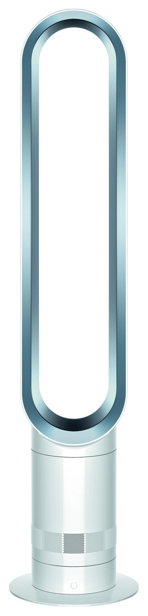 Ein weißer Turmventilator. Es hat ein ovales, perforiertes Design und einen runden Sockel.