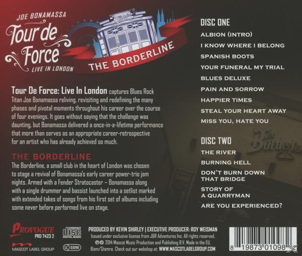 Album hátlap: Joe Bonamassa, "Tour de Force: Live in London". Szöveg és számok listája látható.