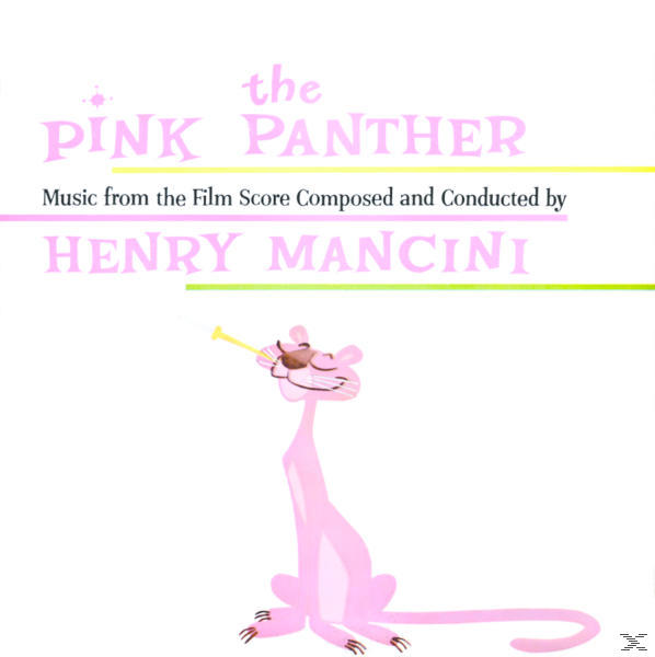 Pink Panther Cartoon: ein rosa Panther spielt Trompete, Text liest sich 'the Pink Panther'.