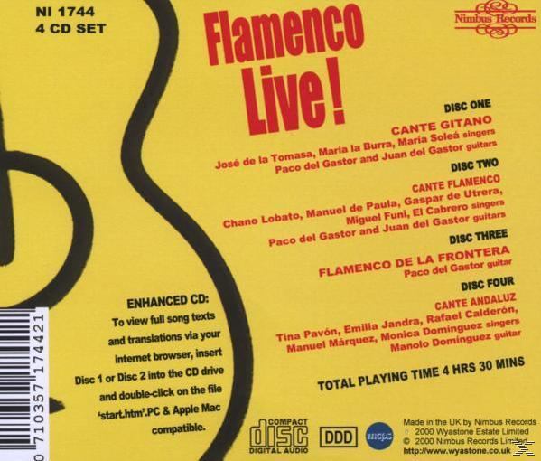 CD-Hülle mit Text über Flamenco-Musik. Enthält eine Gitarrensilhouette und Text über Musikdetails.