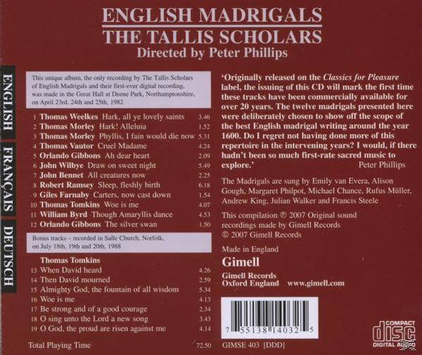 Albumcover: Text über englische Madrigale und The Tallis Scholars.
