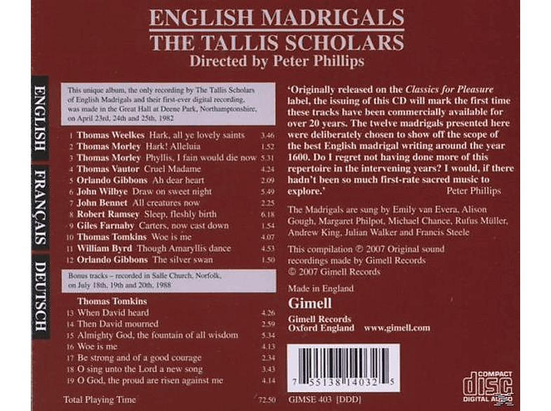 Thumbnail - The Tallis Scholars - ENGLISH MADRIGALS (CD)
