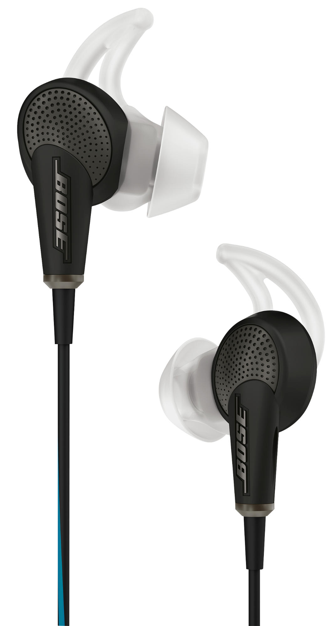 Cuffie in-ear nere e grigie con fili neri.