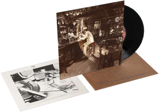 Led Zeppelin album borítója vinyl lemezzel. Jelenet: egy bár vendégekkel és egy zenésszel. Barna borító látható.