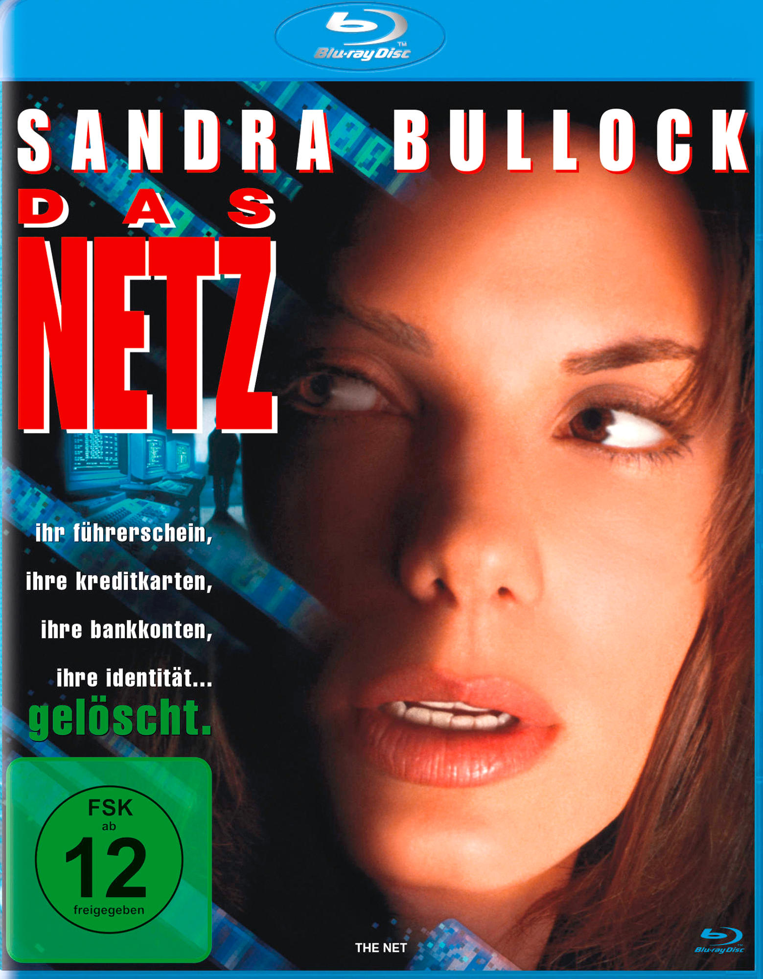 Filmposter von Sandra Bullock. Text auf Deutsch: Das Netz. Blaues und weißes Farbschema.