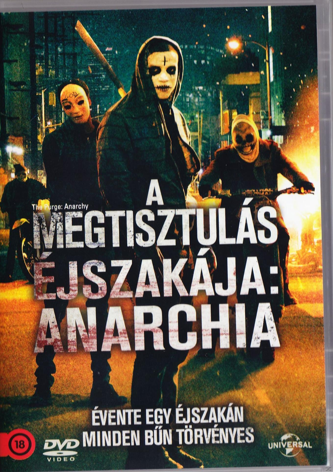 A The Purge: Anarchy posztere. Maszkos alakok fegyverekkel egy városban. Magyar nyelvű szöveg.