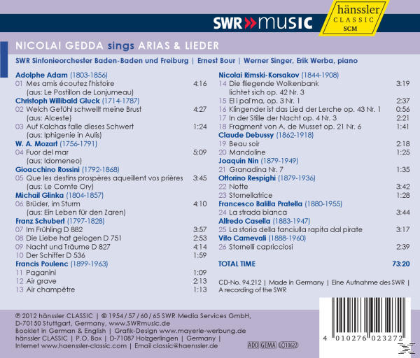 CD-Cover mit einer Liste von Liedern und Künstlerinformationen, mit einem klassischen Musikthema.