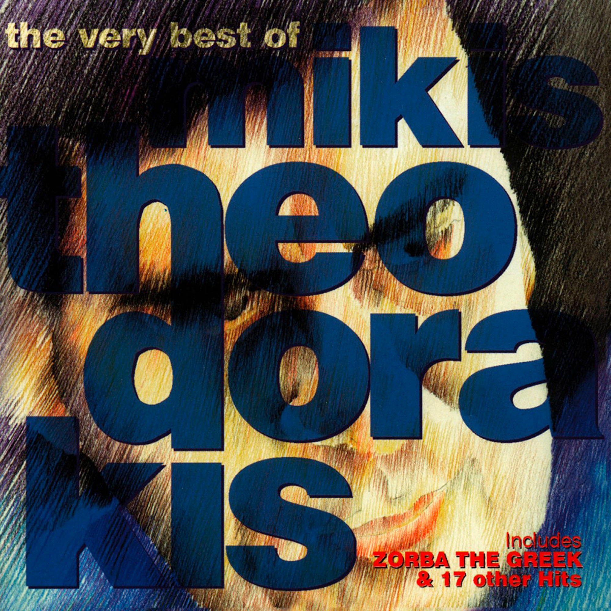Albumcover mit blauem Text und skizziertem Gesicht. Der Titel lautet 'The Very Best of Mikis Theodorakis'.