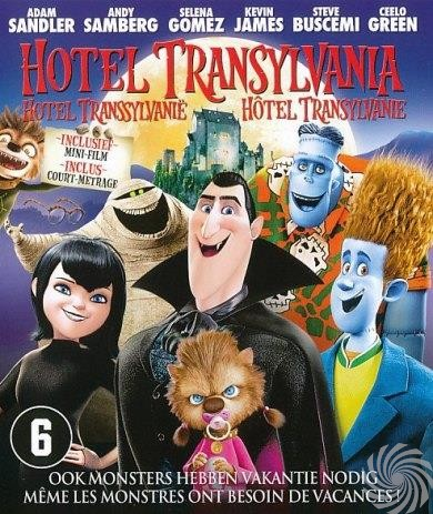 Hotel Transylvania movie cover. Featuring animated monsters and characters, including Dracula, Mavis, and others, with the title prominently displayed.