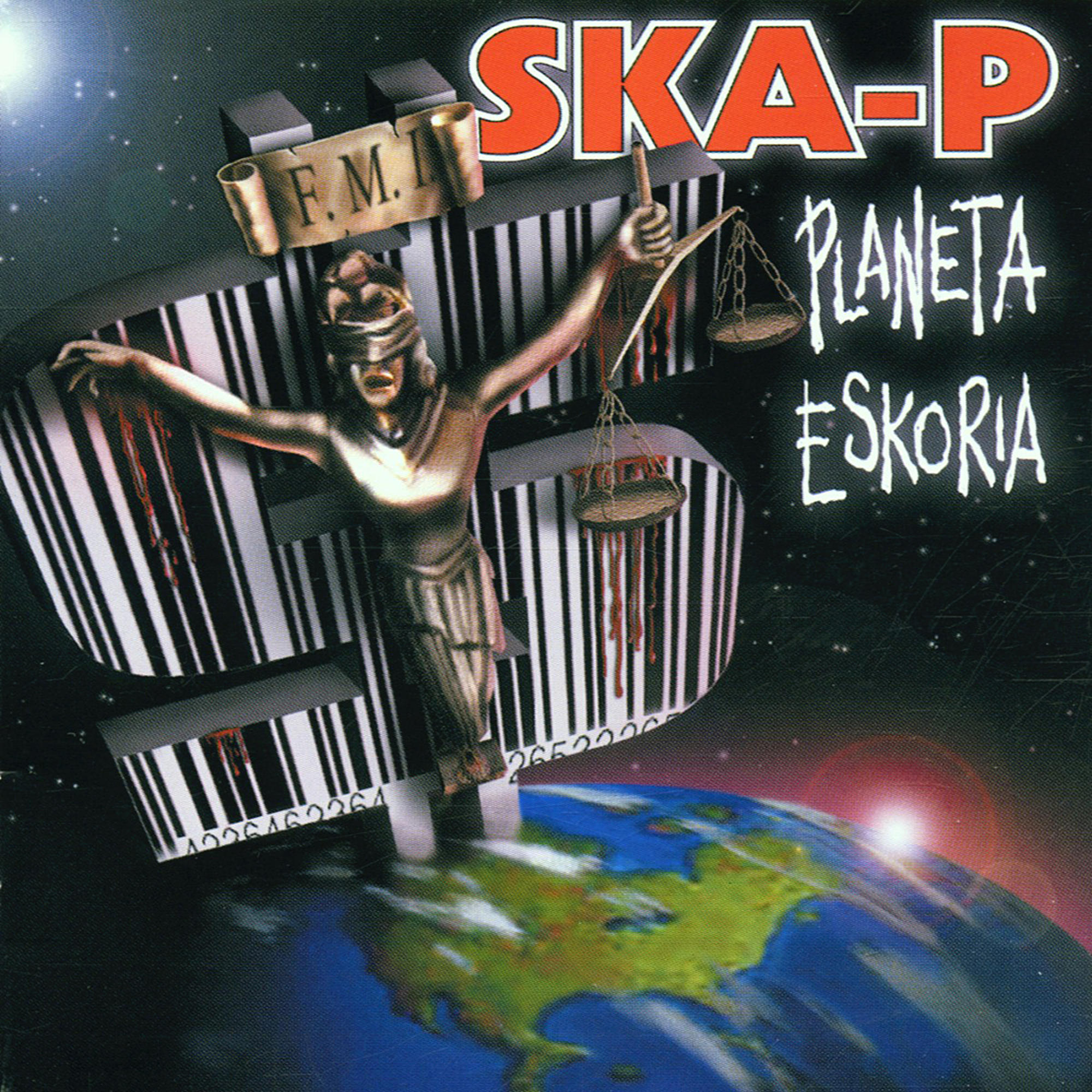 CD-Cover des Albums von Ska-P. Eine Justizstatue mit Globus und Barcode.
