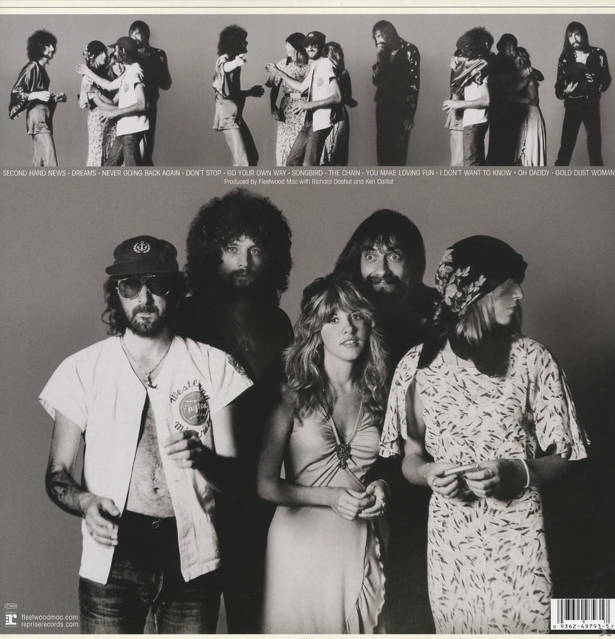 Fleetwood Mac album cover. Band members and song titles. Black and white photo, with a group of people.