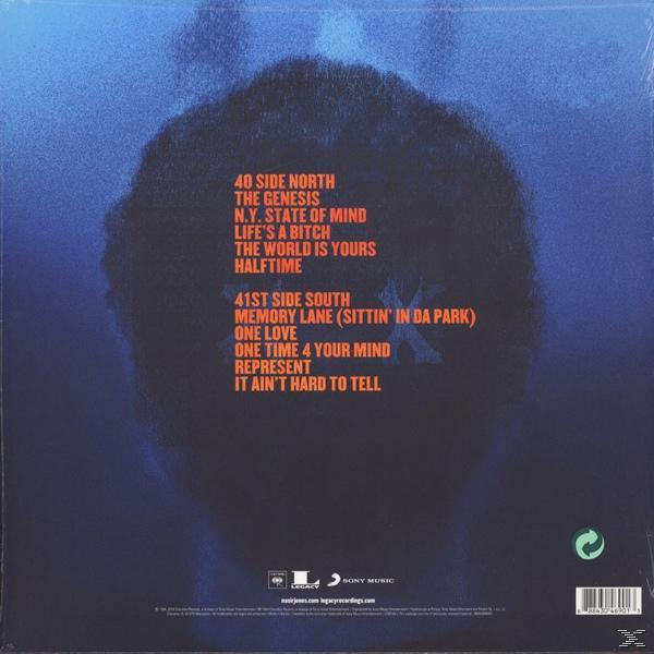 Schallplattenhülle mit Songtiteln und einer Personensilhouette in Blau.