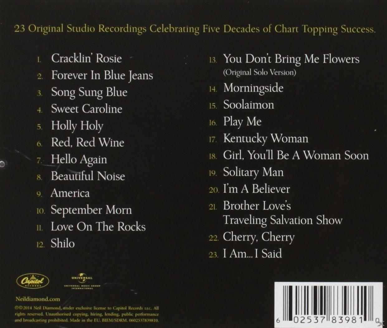 Neil Diamond albumhoes met een zwarte achtergrond en een lijst met songtitels. Witte tekst.