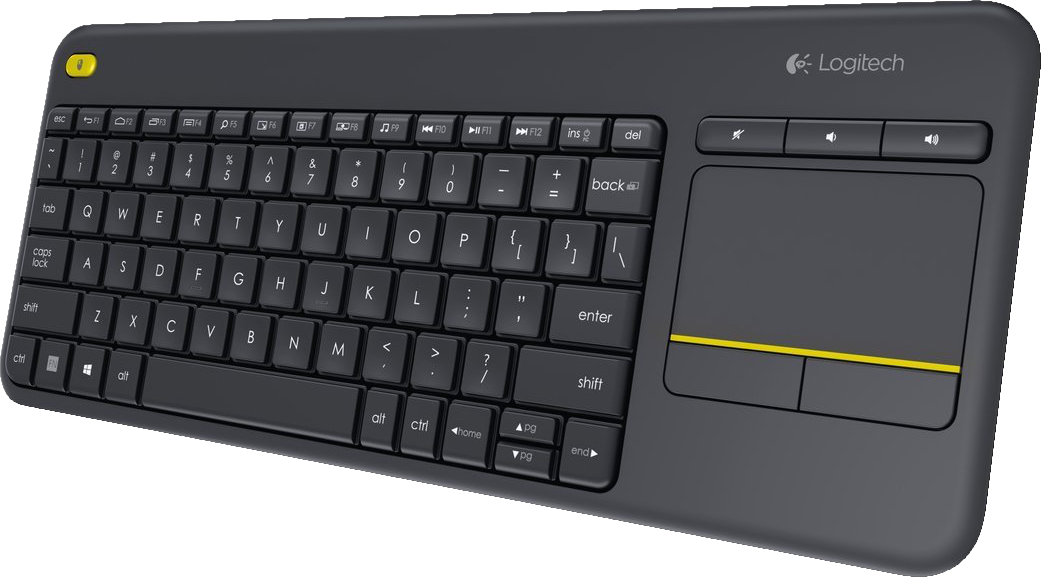 Fekete Logitech billentyűzet érintőpaddal és funkciógombokkal. Sárga kiemelés.