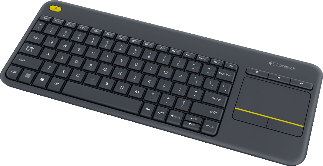 Fekete Logitech billentyűzet, érintőpaddal, billentyűkkel és fekete háttérrel.