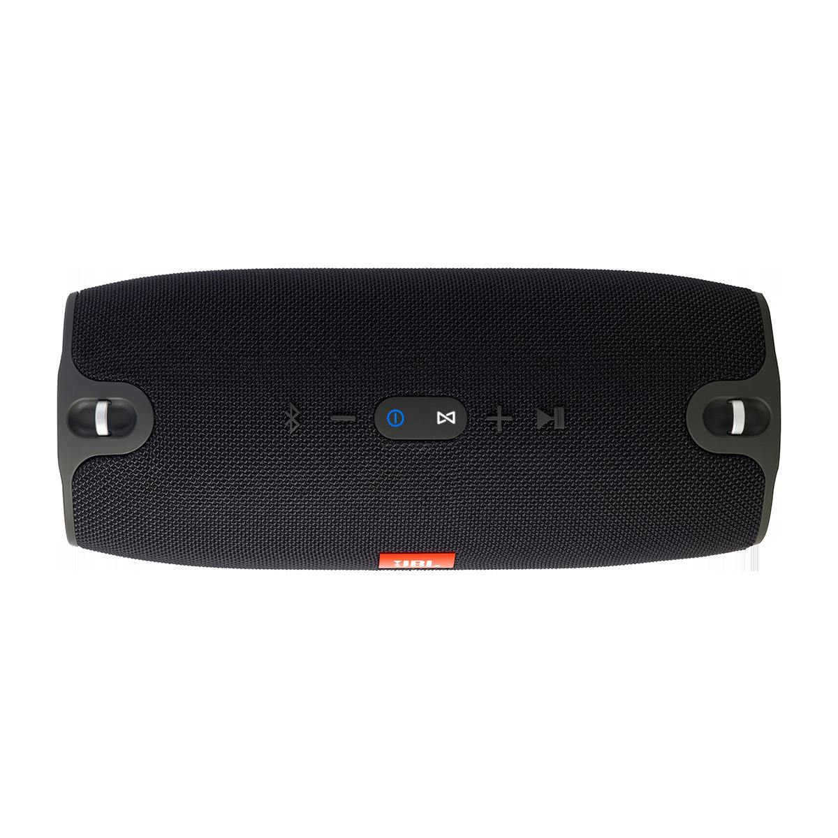 Schwarzer JBL Xtreme 3 Lautsprecher. Er hat Knöpfe und ein Logo auf der Vorderseite. Weißer Hintergrund.