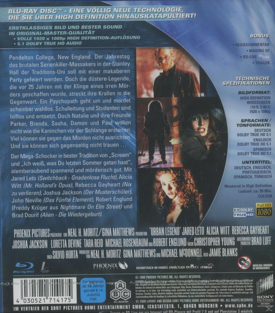 Blu-ray Disc Cover mit Film-Cast und Standbildern. Text enthält Spezifikationen und Informationen über den Film Urban Legend.