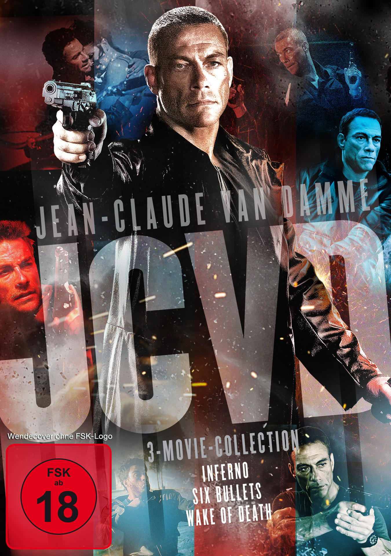 Filmplakat mit Jean-Claude Van Damme, der eine Waffe hält, mit weiteren Bildern von ihm.