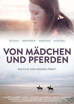 Ein Filmplakat mit einem Frauenporträt, zwei Pferdereitern und Text in Lila.