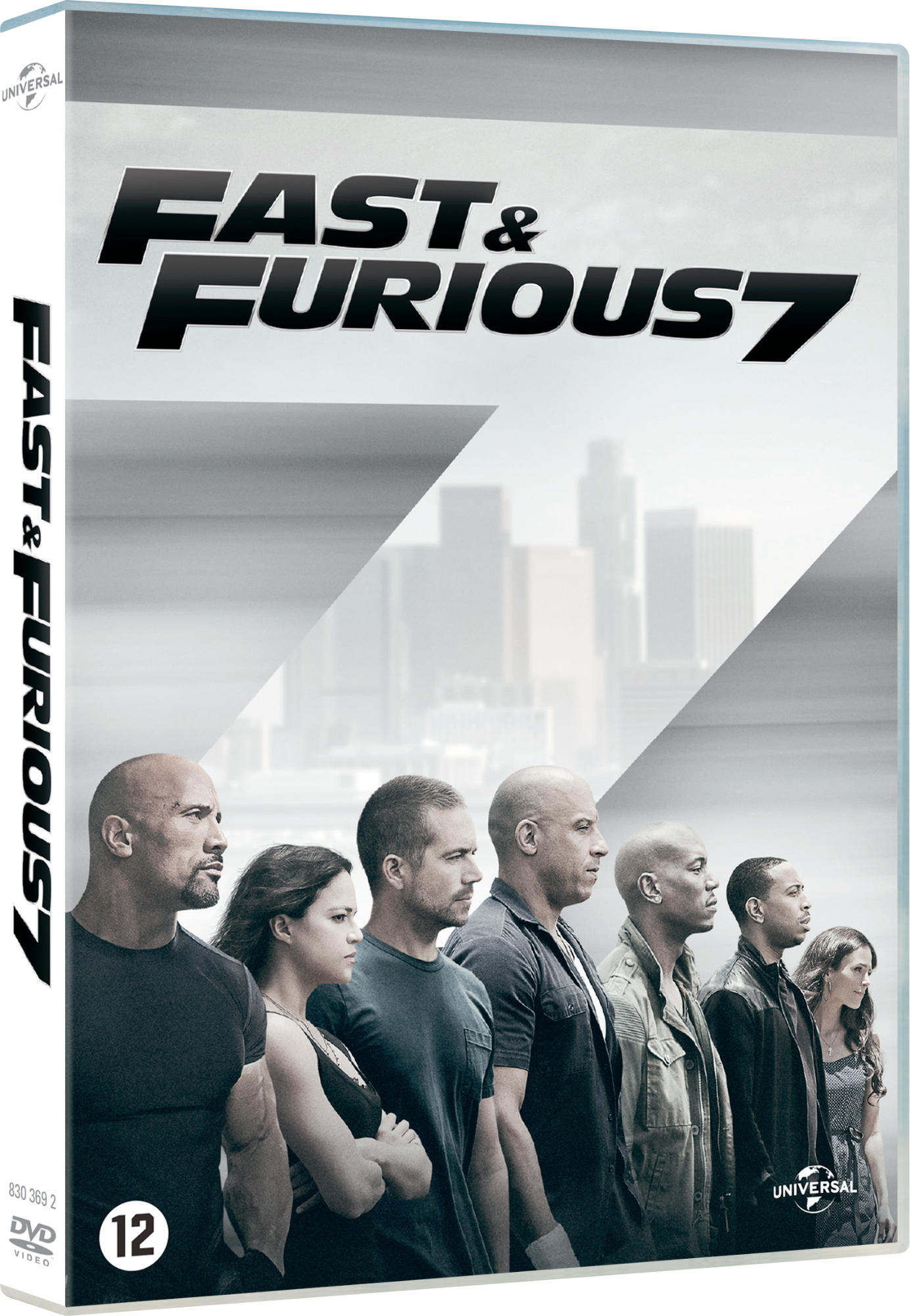 Fast & Furious 7 DVD-hoes, cast voor een stadsgezicht, titel bovenaan.