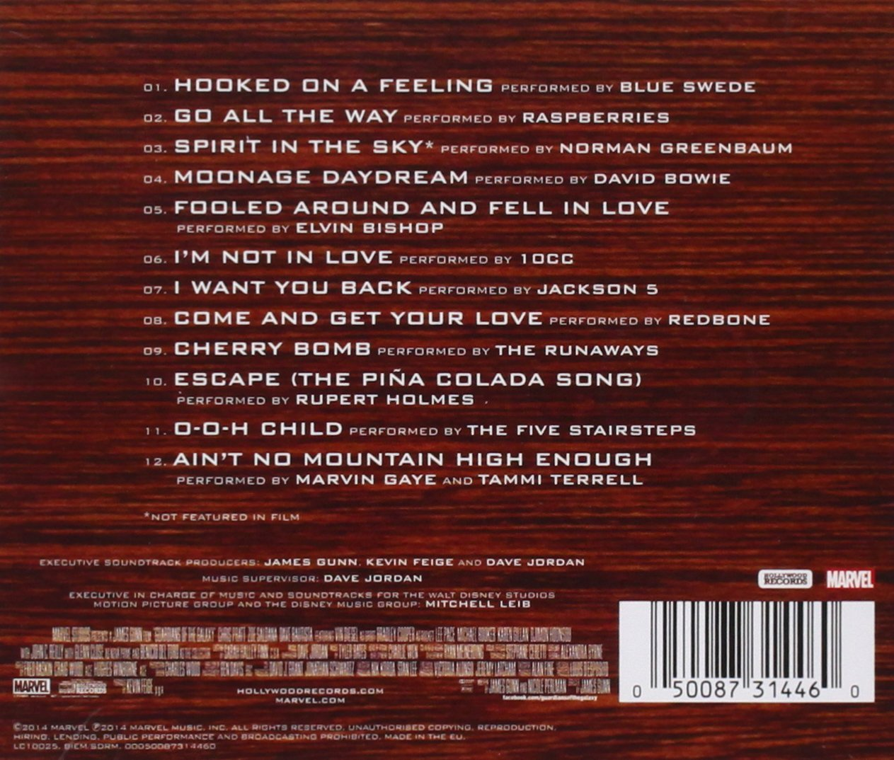 Achterkant van de Guardians of the Galaxy soundtrack CD-hoes met de tracklist.