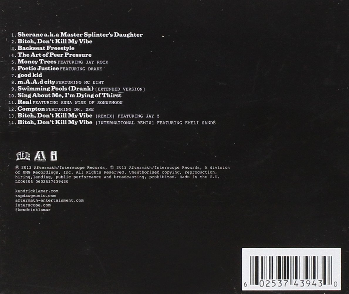 Album back cover with a tracklist. Black background with white text. Artist: Kendrick Lamar.