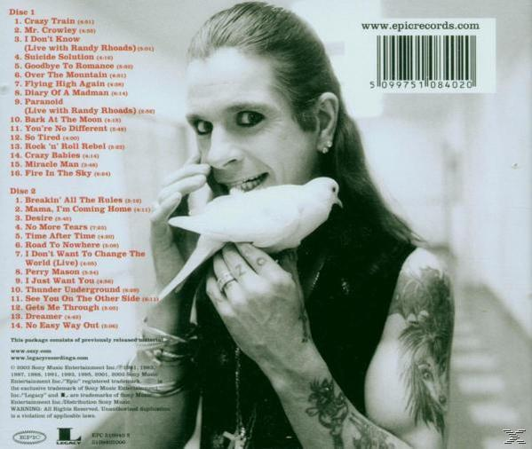 Albumcover: Ozzy Osbourne hält eine Taube, mit Tattoo am Arm. Albumtitel und Titelliste in rotem Text.