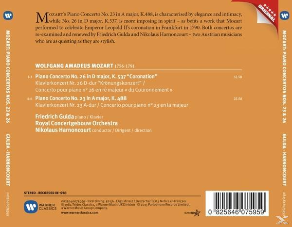 CD-Rückseite mit Text über Mozarts Klavierkonzerte, Titelliste und Credits in Orangetönen.