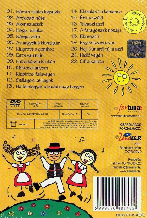 Egy DVD-borító, rajzfilm három táncoló figuráról, magyar szöveggel és egy napocskával.