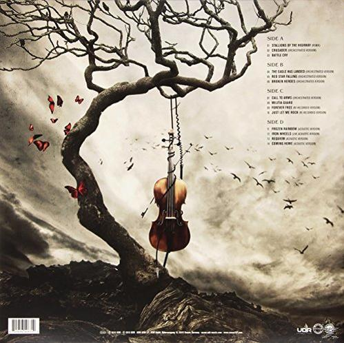 Rückseite des Vinyl-Albumcovers, ein Baum mit einer hängenden Geige, Vögel und Schmetterlinge.