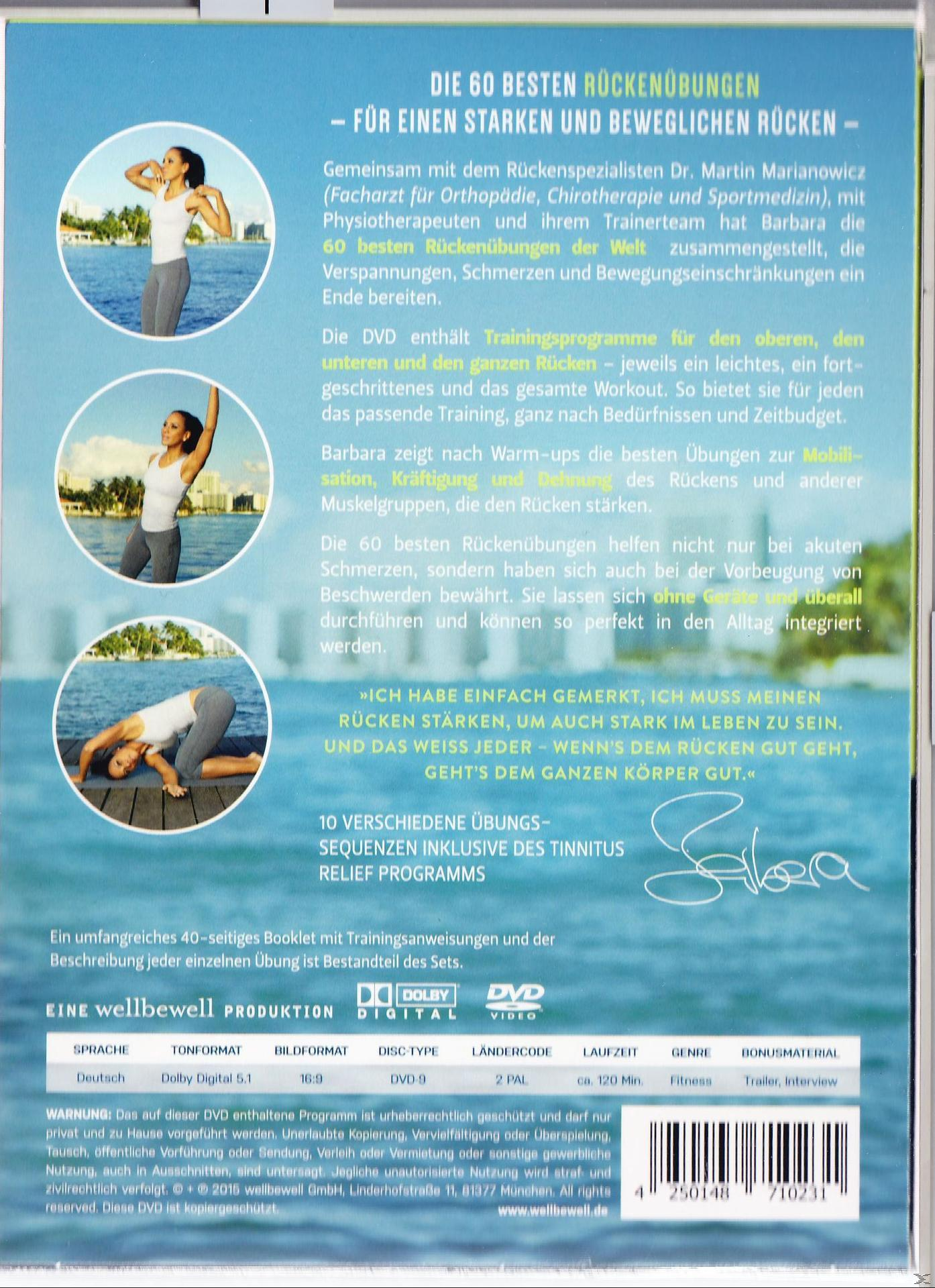 DVD-Cover mit Text über Übungen für einen starken Rücken und einer Frau, die Yoga macht.