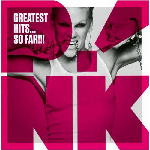 Albumhoes met de naam 'P!NK' in grote roze letters, met een gezicht van een vrouw gedeeltelijk zichtbaar.