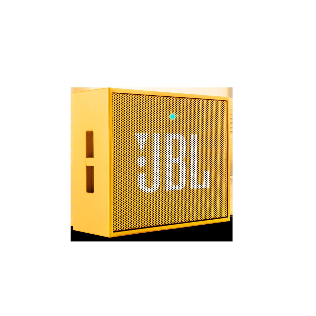 Gelber JBL-Lautsprecher mit weißem Logo und blauem Kontrolllicht, auf weißem Grund.