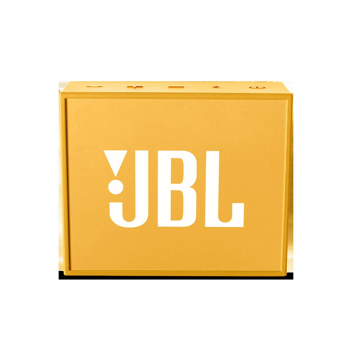 Gelber JBL-Lautsprecher mit weißem 'JBL'-Logo. Weißer Hintergrund.