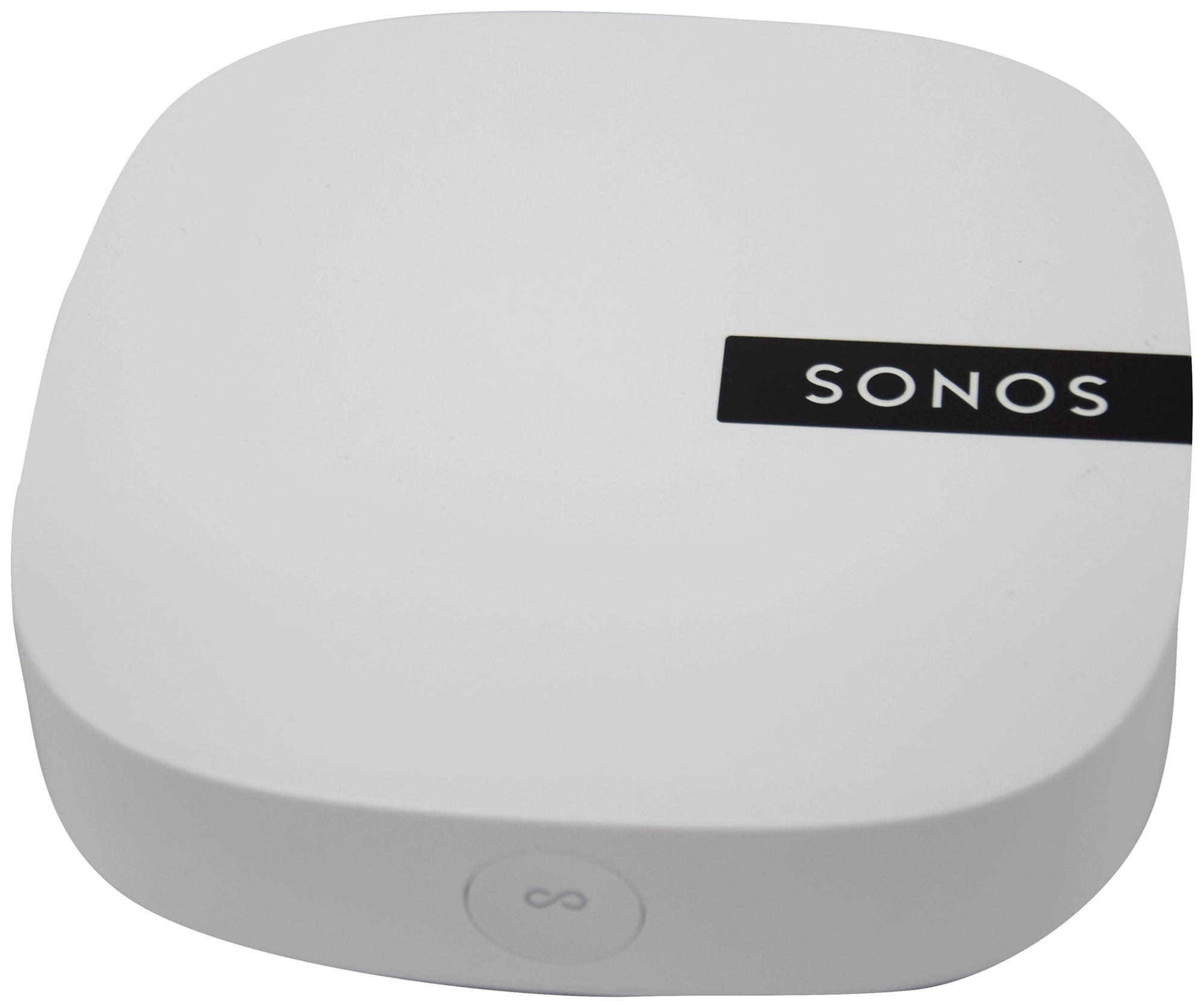 Appareil Sonos blanc avec la marque dessus. Un bouton rond en bas.