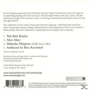 Szöveg egy CD borítóján. Samuel Yirga számlistája, köztük a 'Habasha Diaspora'. A Real World logója alul.