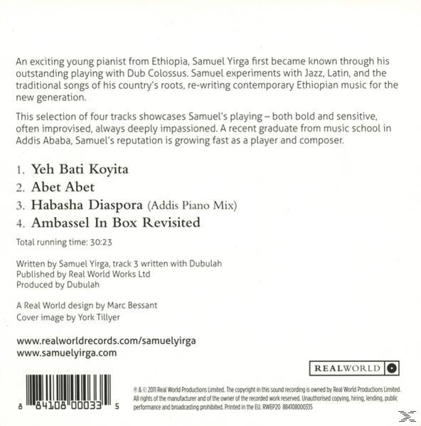 Album borítója Samuel Yirgáról és a számok listájáról. Tartalmazza a művész nevét, a dalok címeit és a szerzői jogi információkat.