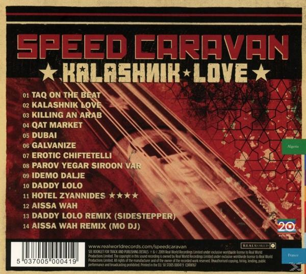 A Speed Caravan - Kalashnik Love album borítója. A szöveg piros és fehér. Dalok listája.