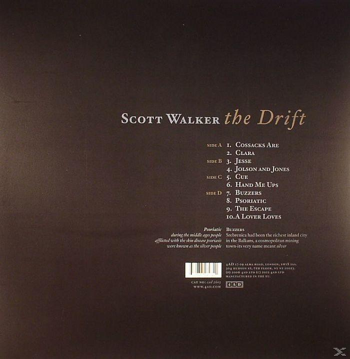 Album borító a 'Scott Walker the Drift' felirattal és a dalok listájával.