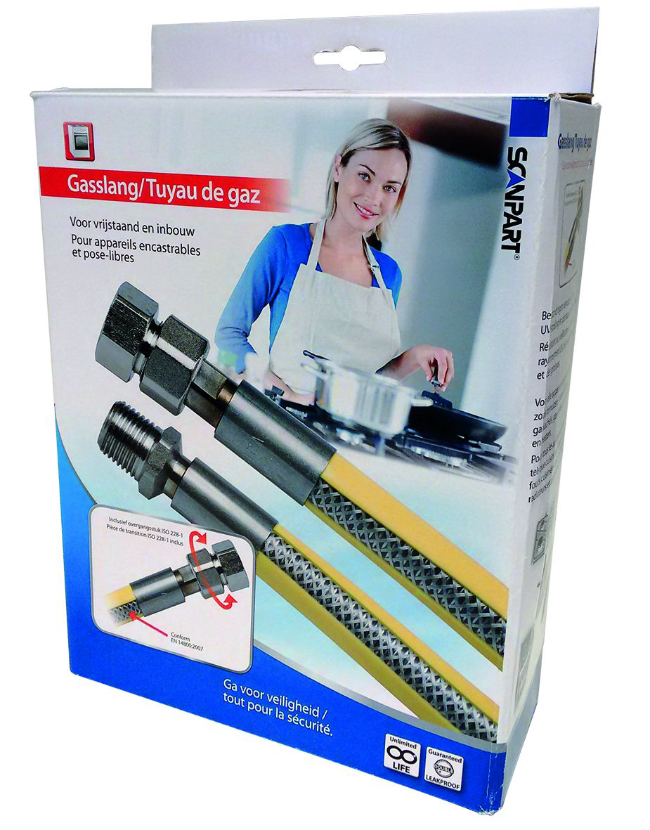 Box with two gas hoses inside. Woman near a stove in the background.