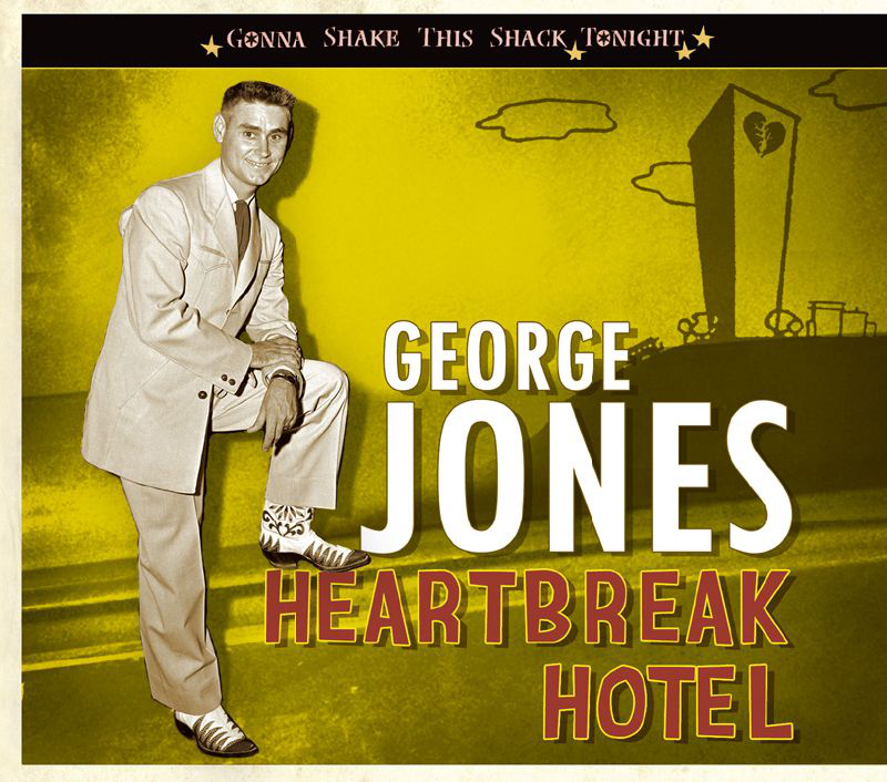 George Jones album borítója. Öltönyös férfi, egy épületnek támaszkodva. Szöveg: George Jones, Heartbreak Hotel.