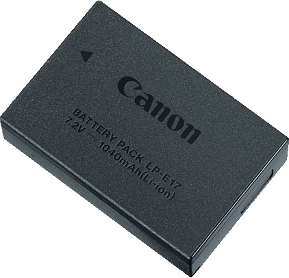 Fekete Canon LP-E17 akkumulátor. A Canon logó látható.