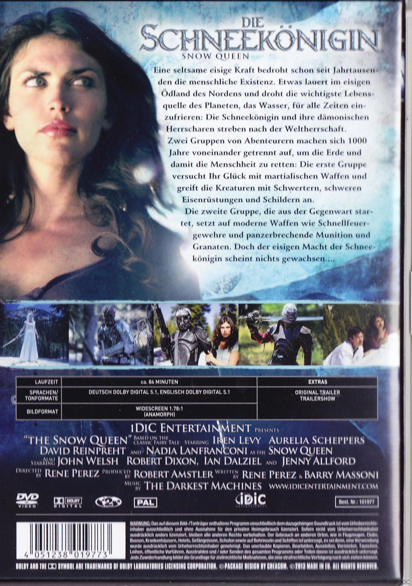 Rückseite einer DVD-Hülle. Es enthält Text über den Film "Die Schneekönigin" und ein Frauengesicht.