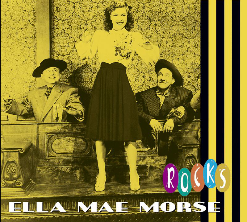 Ella Mae Morse album borítója. Nő középen, két férfi oldalt, szöveggel és színekkel.