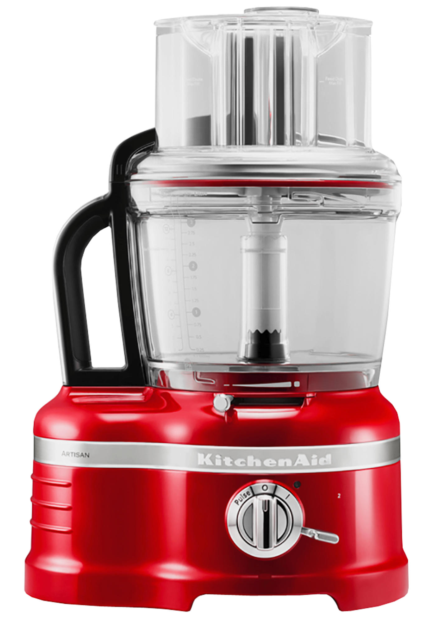 Procesador de alimentos KitchenAid rojo. El electrodoméstico está sobre un fondo blanco, mostrando los controles y el cuenco.