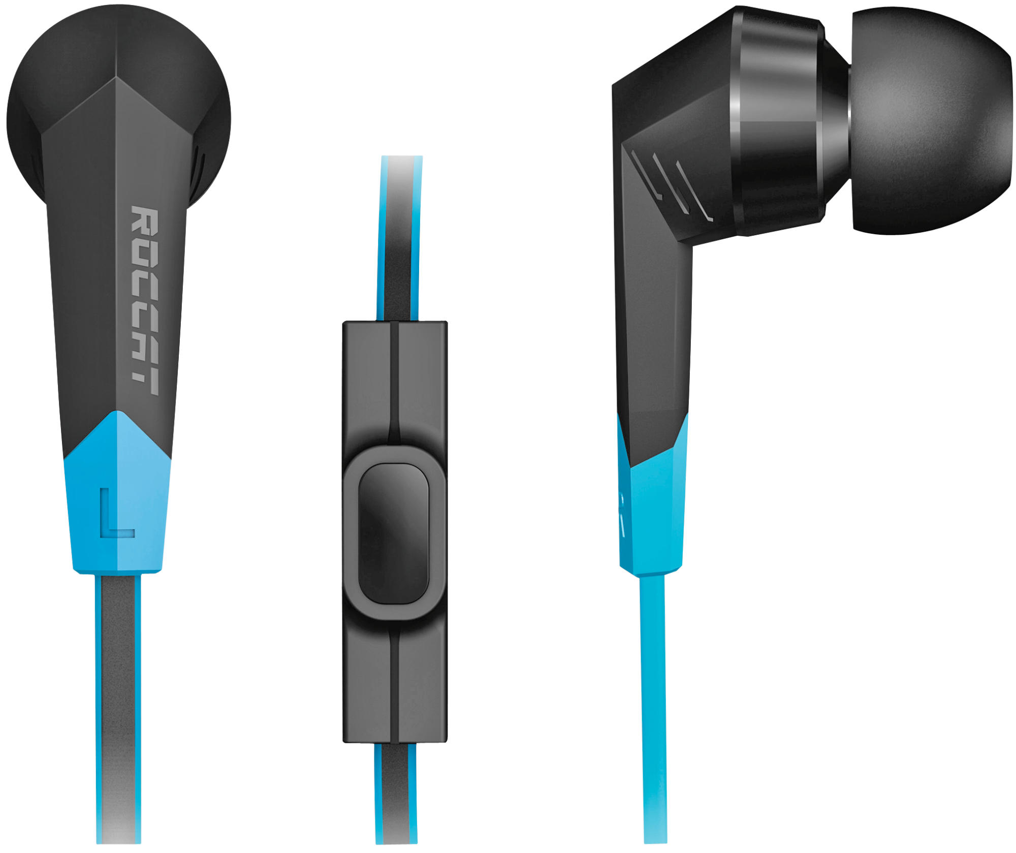 Trzy słuchawki Roccat na białym tle. Czarno-niebieski design, z przyciskiem sterowania i widocznymi końcówkami.