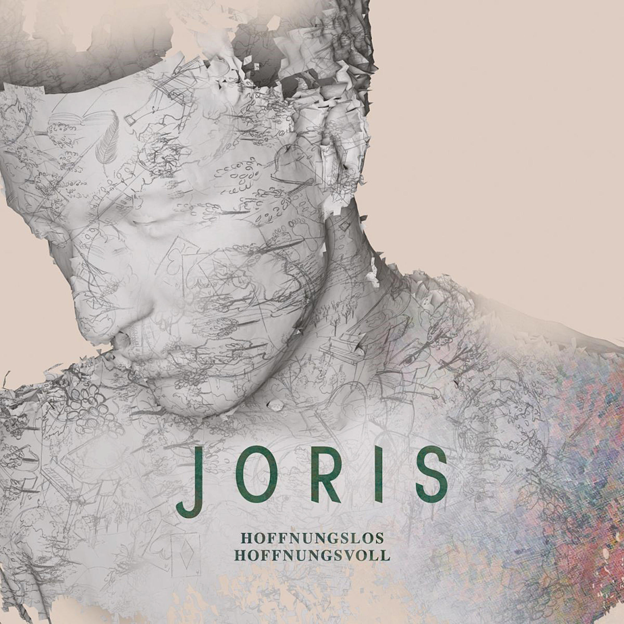 Albumcover mit dem Namen JORIS. Eine weiße Büste mit Zeichnungen auf hellrosa Hintergrund.