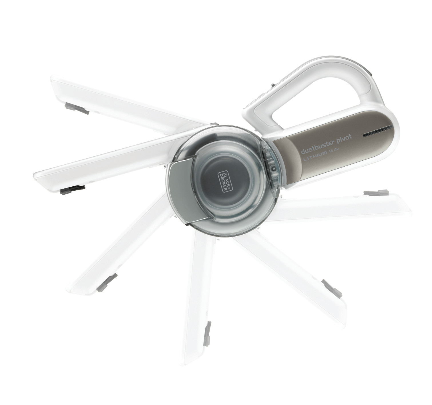 Black and Decker Dustbuster Pivot Staubsauger, weiß und grau, auf weißem Hintergrund.