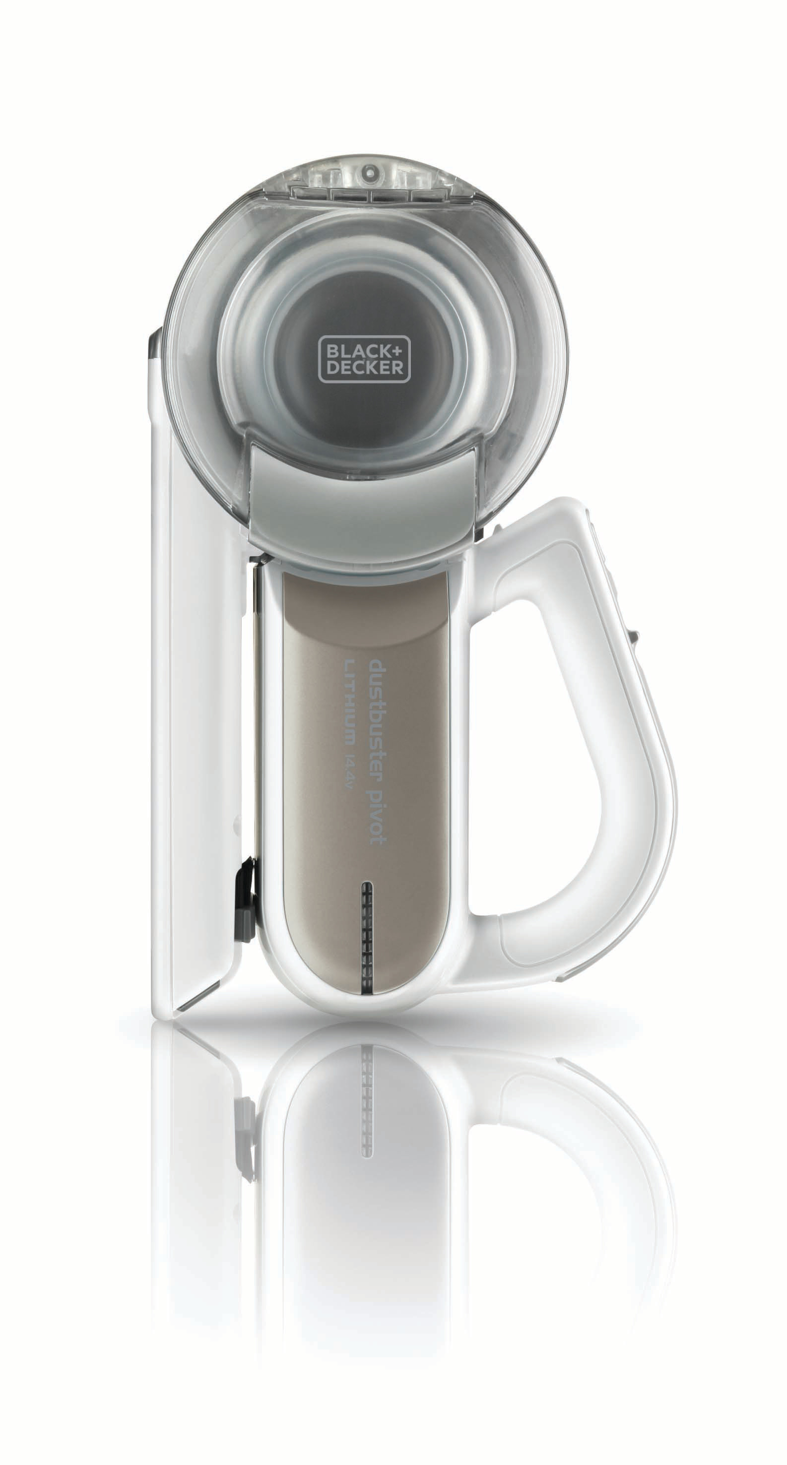 Weiß-grauer Black+Decker Dustbuster Staubsauger, auf weißer Oberfläche.